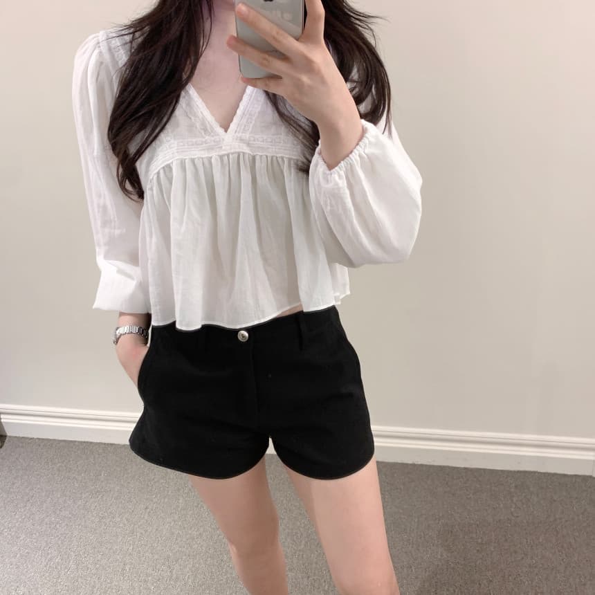 있음 선적 사이즈 업데이트 한국 chic 가을 새로운 V넥 거품 소매 쉬폰 블라우스 상세 이미지 20