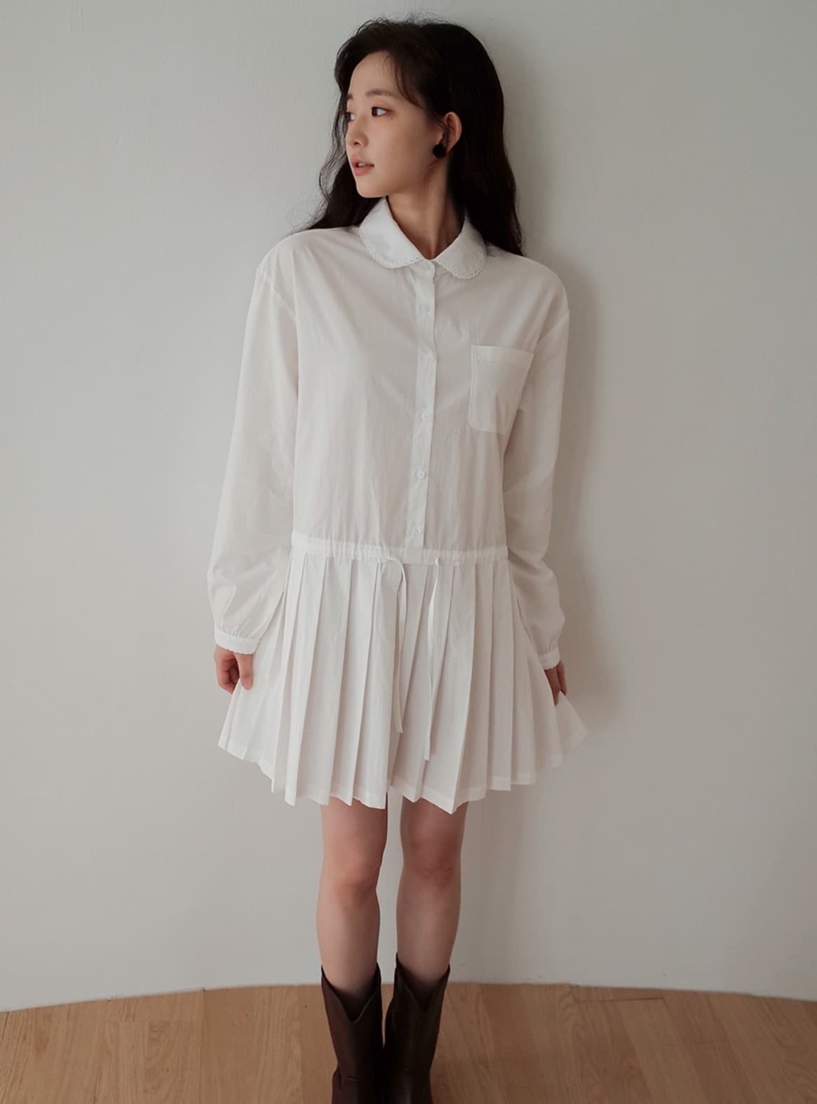 한국 chic 가을 새로운 폴로 칼라 셔츠 플리츠 다용도 드레스 상세 이미지 2