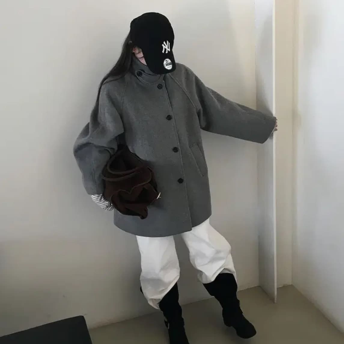 한국 chic 겨울 새로운 스탠드 칼라 플러스 면 두꺼운 느긋한 루즈핏 외투 이미지 5
