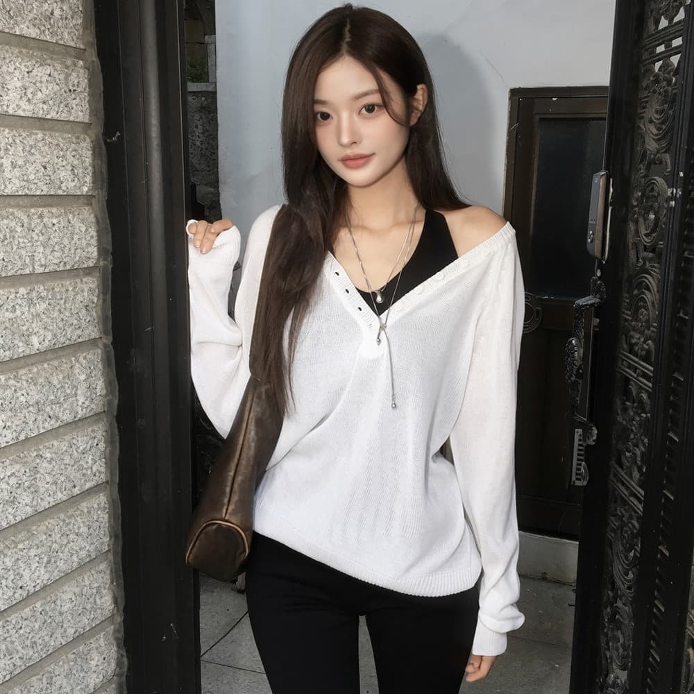 있음 선적 사이즈 업데이트 한국 chic 가을 ins 디자인 센스 빅 브이 넥 단추 느슨함 센스 긴팔 니트 스웨터 이미지 5