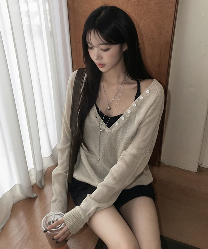 있음 선적 사이즈 업데이트 한국 chic 가을 ins 디자인 센스 빅 브이 넥 단추 느슨함 센스 긴팔 니트 스웨터 상세 이미지 2