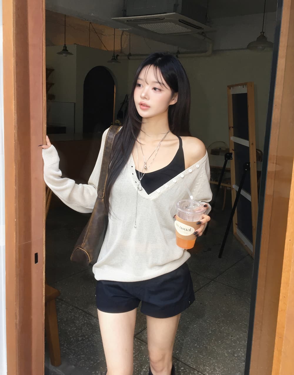 있음 선적 사이즈 업데이트 한국 chic 가을 ins 디자인 센스 빅 브이 넥 단추 느슨함 센스 긴팔 니트 스웨터 상세 이미지 17