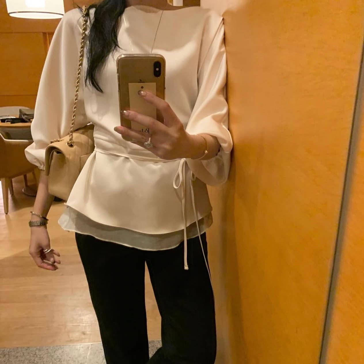 있음 선적 사이즈 업데이트 한국 chic 가을 새로운 라운드 넥 미니멀리즘 패치워크 레이스업 슬림해 보이는 긴 소매 셔츠 이미지 5