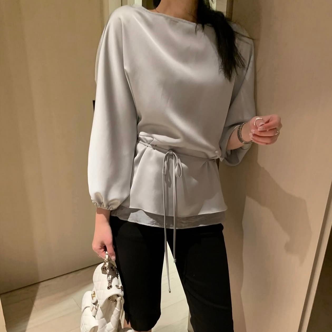 있음 선적 사이즈 업데이트 한국 chic 가을 새로운 라운드 넥 미니멀리즘 패치워크 레이스업 슬림해 보이는 긴 소매 셔츠 이미지 4