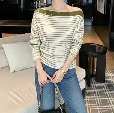 있음 선적 한국 chic 가을 새로운 오프숄더 스트라이프 니트 스웨터 상세 이미지 5