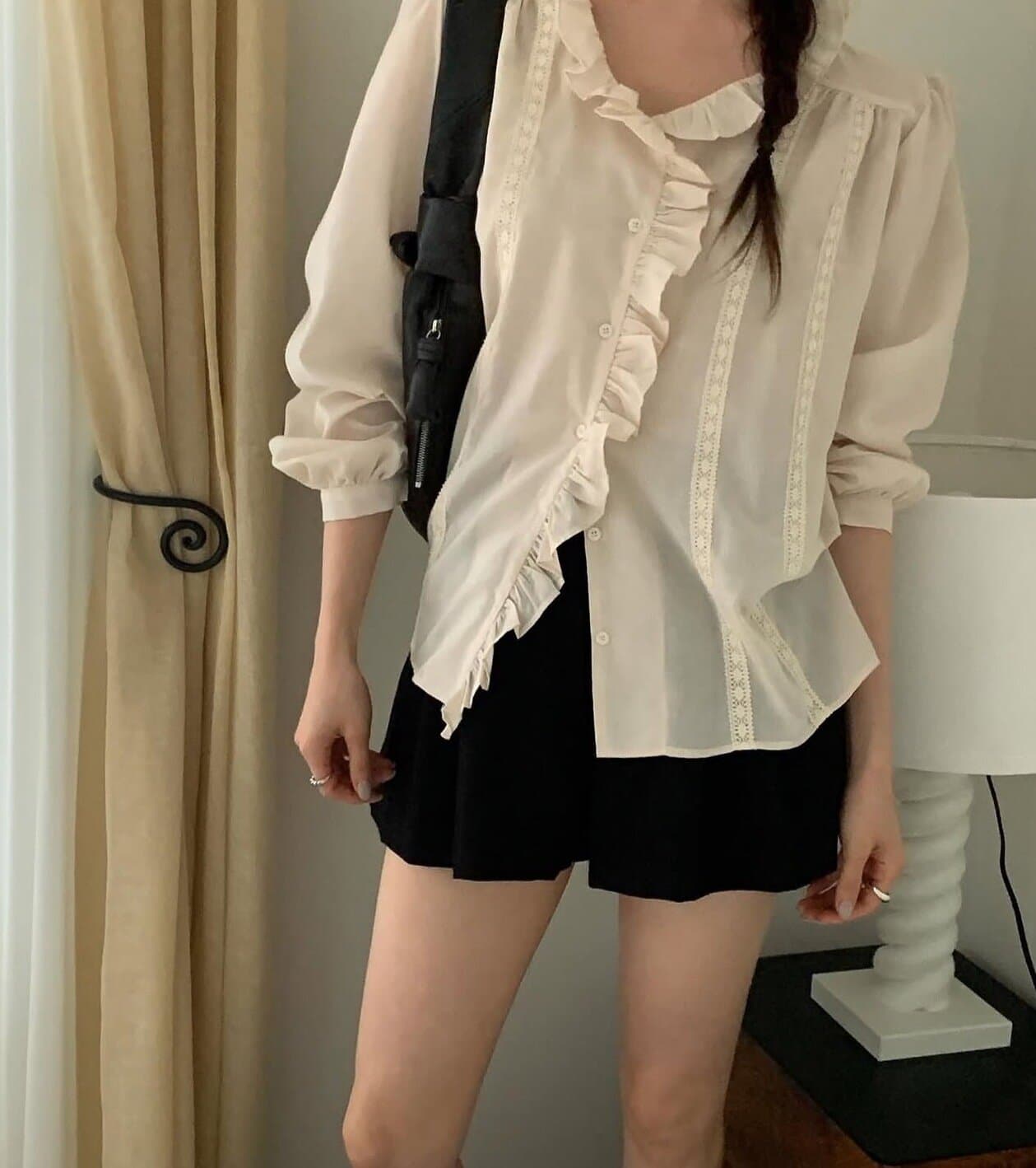 한국 chic 가을 새로운 ins 달콤한 스타일 프릴 칼라 레이스 측면 다용도 긴팔 셔츠 이미지 3