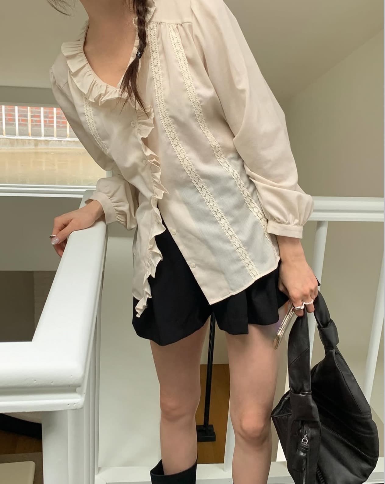 한국 chic 가을 새로운 ins 달콤한 스타일 프릴 칼라 레이스 측면 다용도 긴팔 셔츠 상세 이미지 1