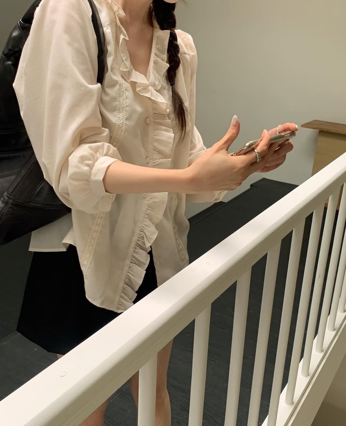한국 chic 가을 새로운 ins 달콤한 스타일 프릴 칼라 레이스 측면 다용도 긴팔 셔츠 상세 이미지 7