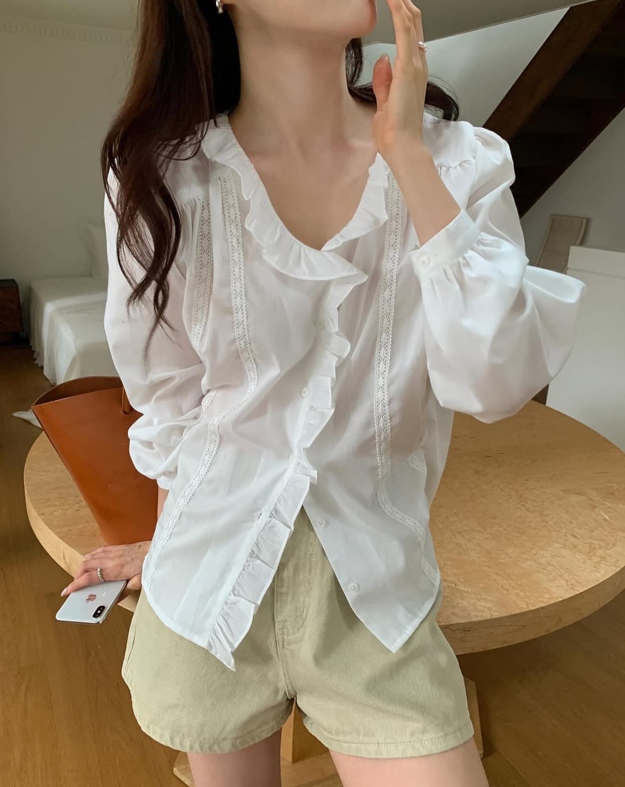 한국 chic 가을 새로운 ins 달콤한 스타일 프릴 칼라 레이스 측면 다용도 긴팔 셔츠 상세 이미지 11
