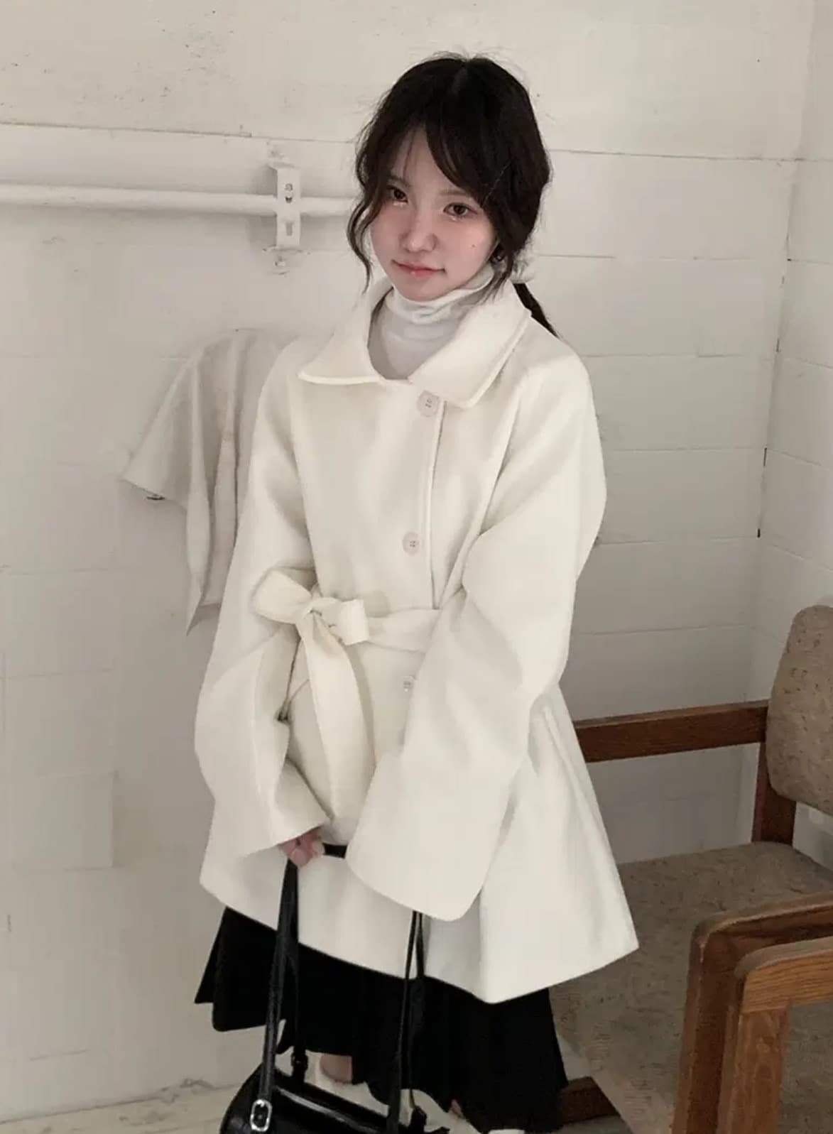 있음 선적 사이즈 업데이트 한국 chic 겨울 레트로 달콤함 캐주얼 루즈핏 얇은 허리 모직 외투 이미지 2