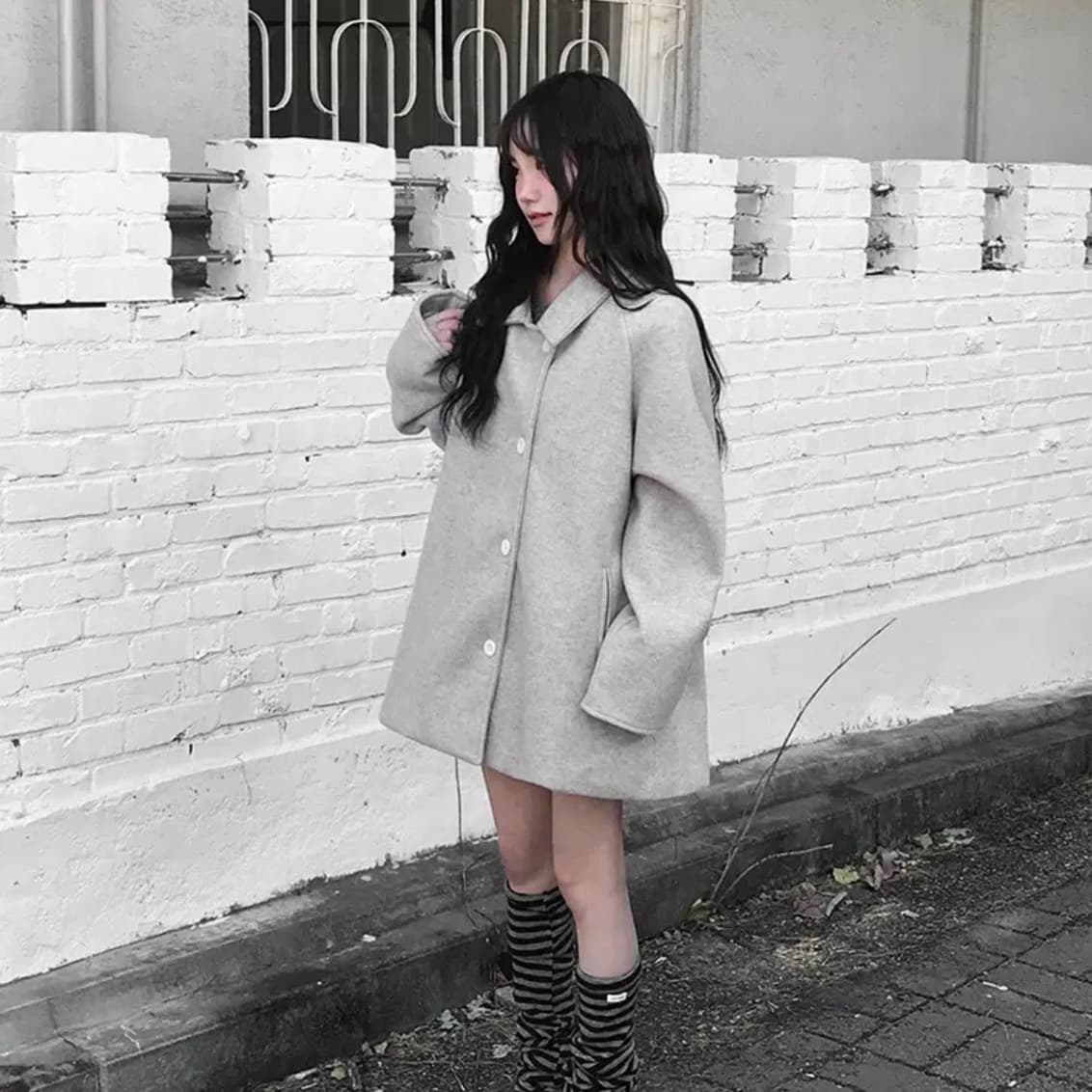 있음 선적 사이즈 업데이트 한국 chic 겨울 레트로 달콤함 캐주얼 루즈핏 얇은 허리 모직 외투 이미지 5