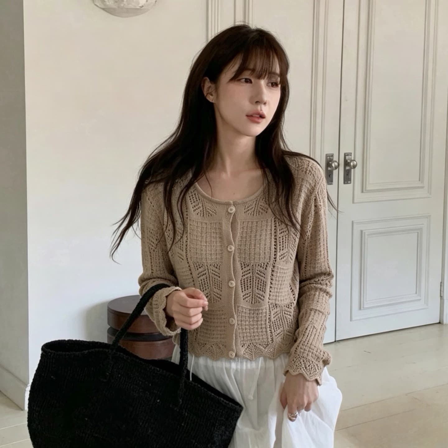 있음 선적 한국 chic 가을 새로운 달콤함 홀로우 아웃 니트 카디건 코트 이미지 3