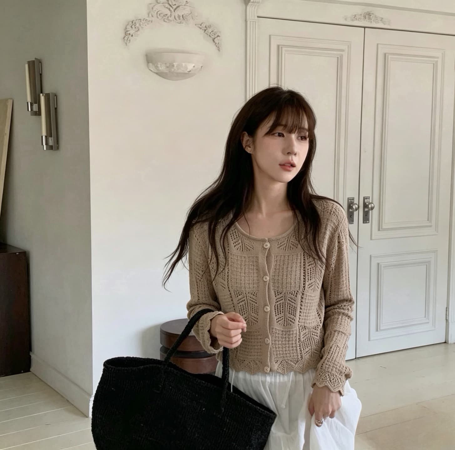 있음 선적 한국 chic 가을 새로운 달콤함 홀로우 아웃 니트 카디건 코트 상세 이미지 7
