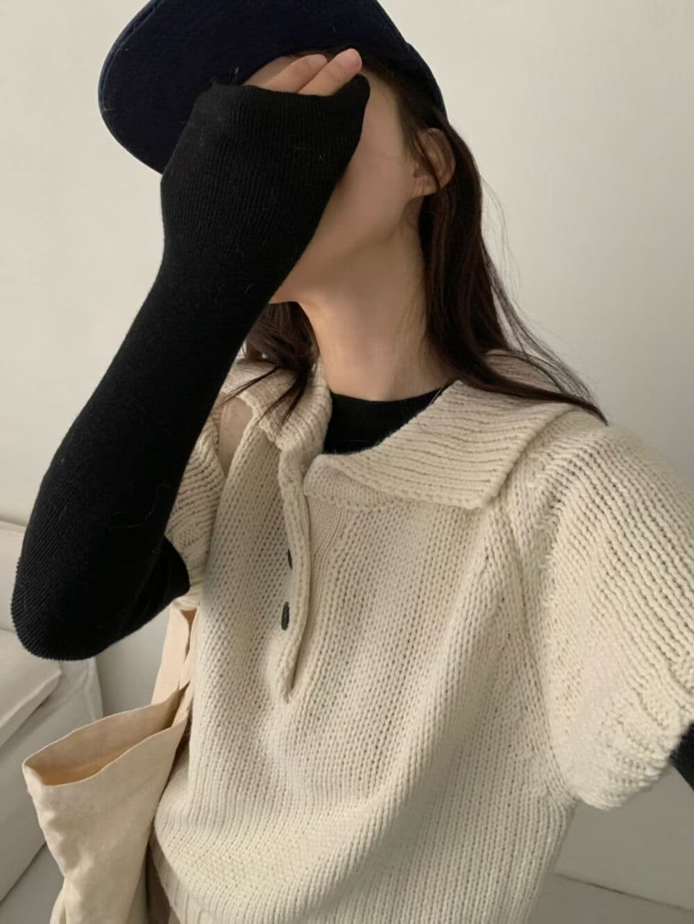 있음 선적 한국 chic 가을 새로운 폴로 칼라 다용도 반팔 니트 스웨터 상세 이미지 9