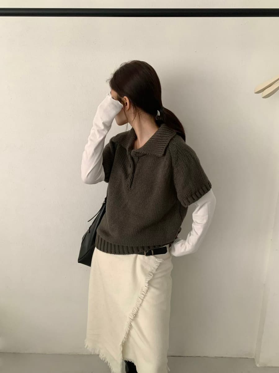 있음 선적 한국 chic 가을 새로운 폴로 칼라 다용도 반팔 니트 스웨터 상세 이미지 50