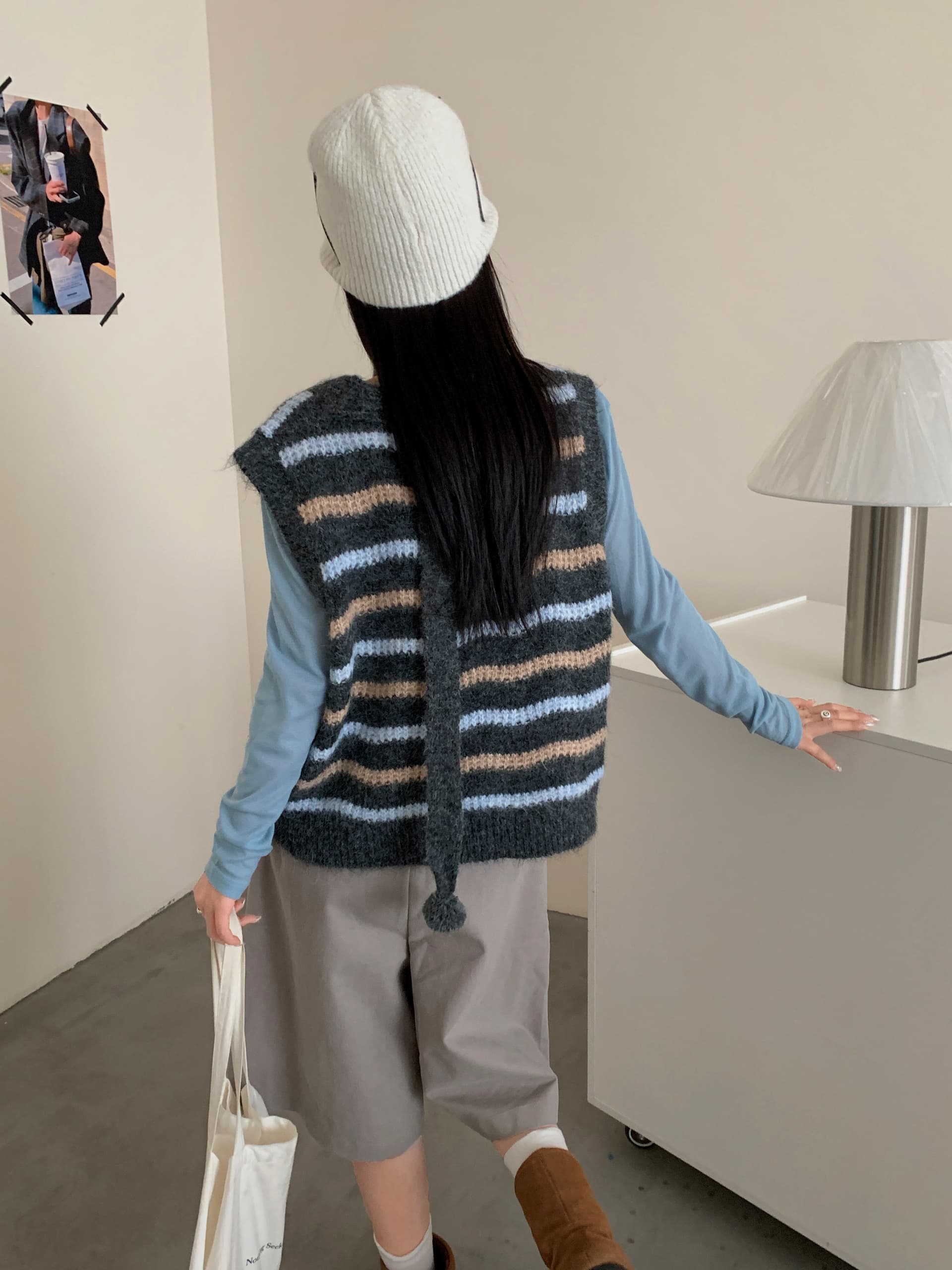 있음 선적 실사 한국 chic 가을 새로운 한 부서 귀여운 목도리 삼색 스트라이프 베스트 오픈 가디건 상세 이미지 11