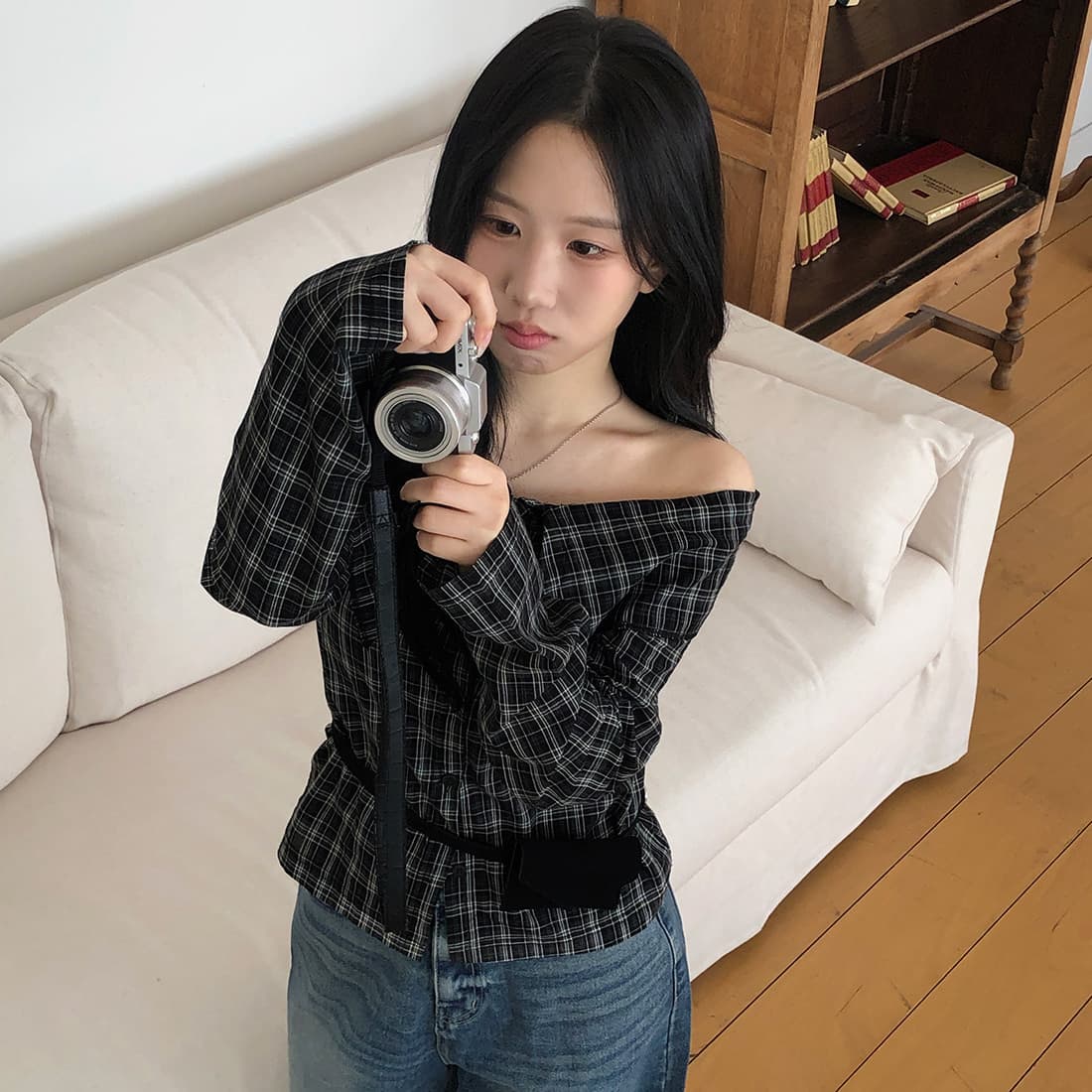 있음 선적 사이즈 업데이트 한국 chic 가을 새로운 프랑스식 보트넥 작은 대중 섹시함 슬림해 보이는 체크무늬 셔츠 상세 이미지 7