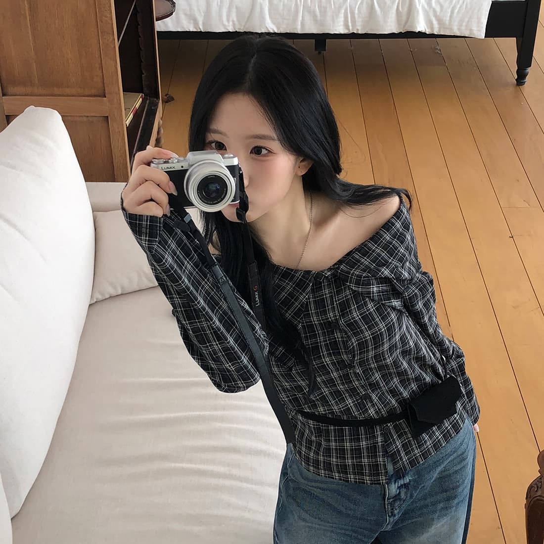 있음 선적 사이즈 업데이트 한국 chic 가을 새로운 프랑스식 보트넥 작은 대중 섹시함 슬림해 보이는 체크무늬 셔츠 상세 이미지 12