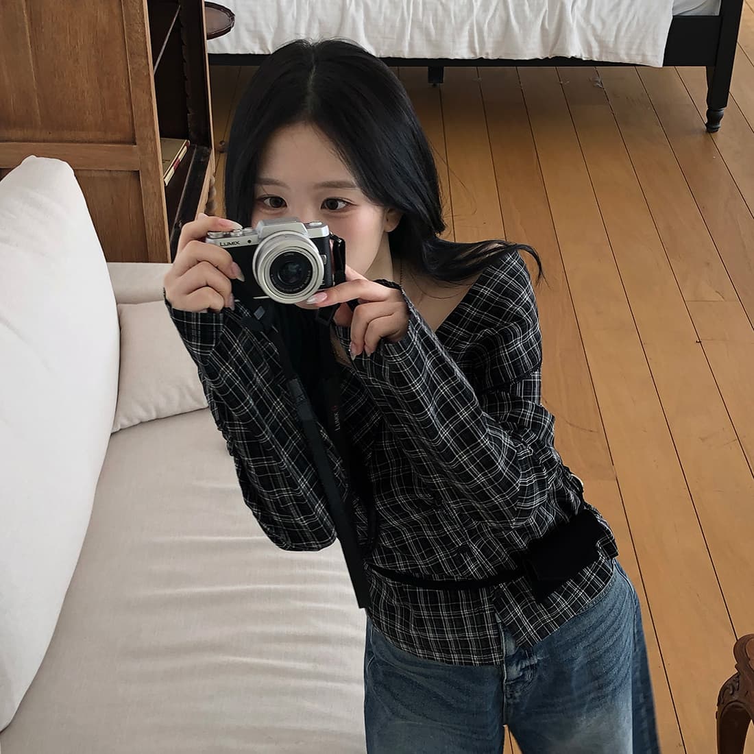 있음 선적 사이즈 업데이트 한국 chic 가을 새로운 프랑스식 보트넥 작은 대중 섹시함 슬림해 보이는 체크무늬 셔츠 상세 이미지 13
