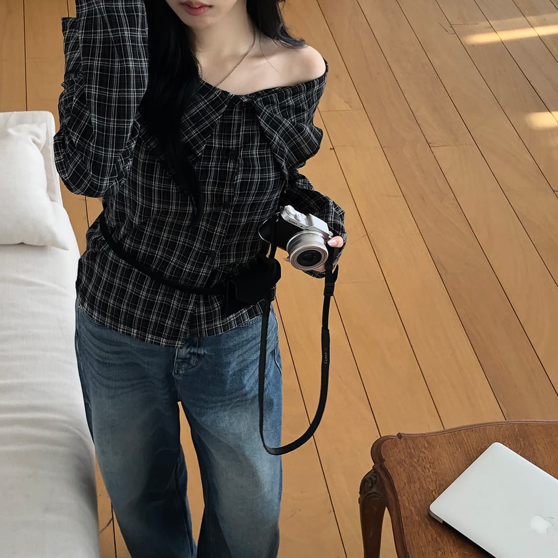 있음 선적 사이즈 업데이트 한국 chic 가을 새로운 프랑스식 보트넥 작은 대중 섹시함 슬림해 보이는 체크무늬 셔츠 상세 이미지 18