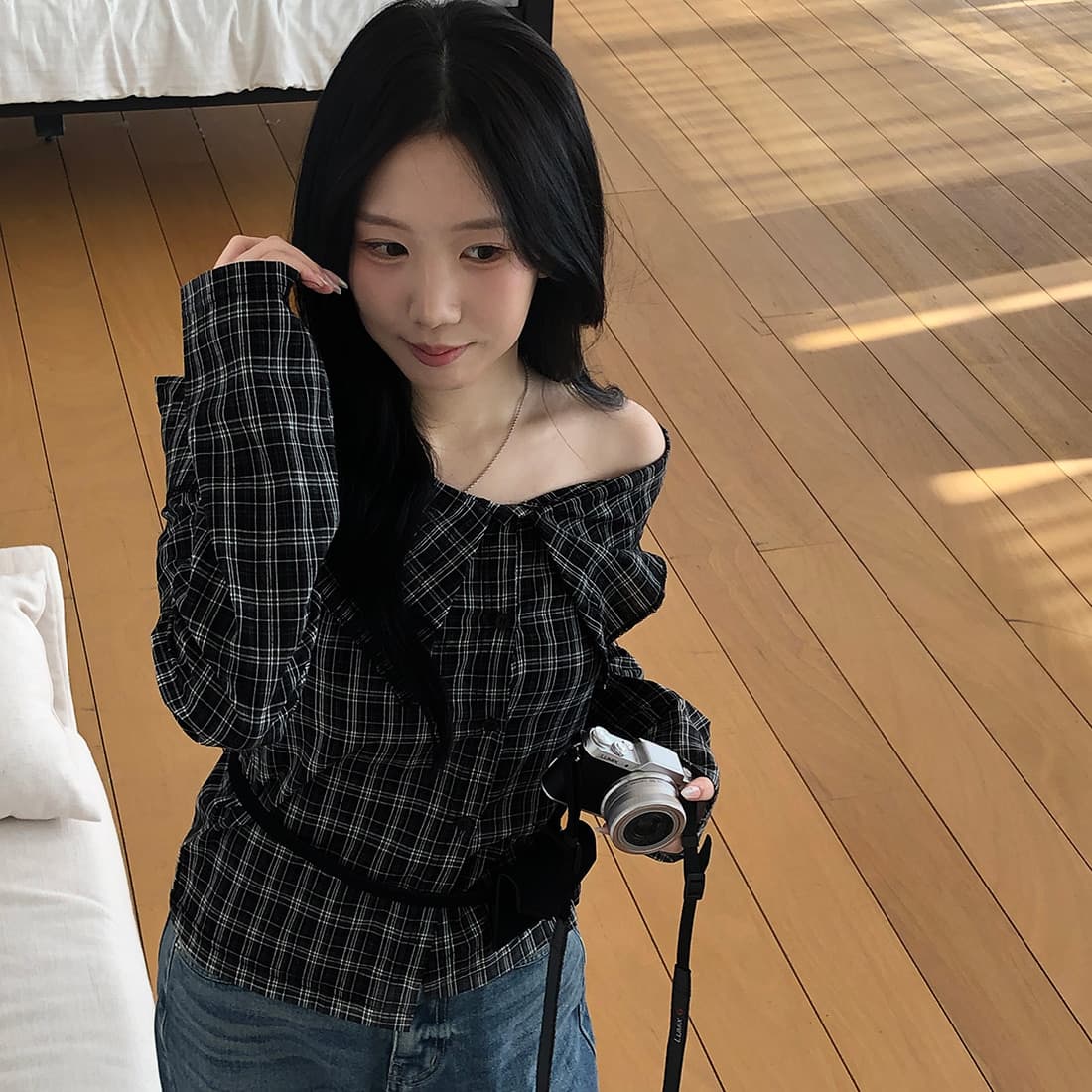 있음 선적 사이즈 업데이트 한국 chic 가을 새로운 프랑스식 보트넥 작은 대중 섹시함 슬림해 보이는 체크무늬 셔츠 상세 이미지 20