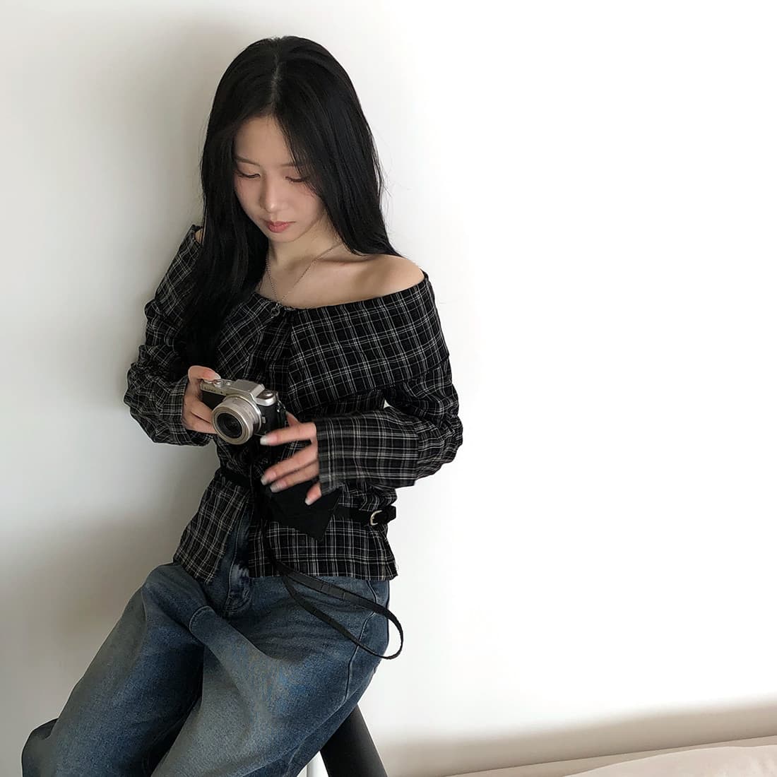 있음 선적 사이즈 업데이트 한국 chic 가을 새로운 프랑스식 보트넥 작은 대중 섹시함 슬림해 보이는 체크무늬 셔츠 상세 이미지 29