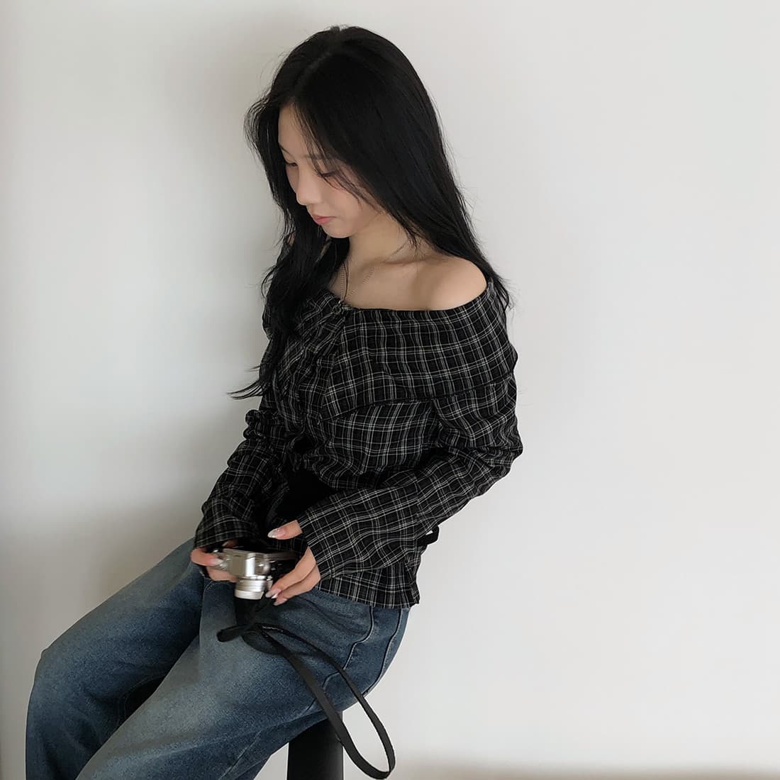 있음 선적 사이즈 업데이트 한국 chic 가을 새로운 프랑스식 보트넥 작은 대중 섹시함 슬림해 보이는 체크무늬 셔츠 상세 이미지 37