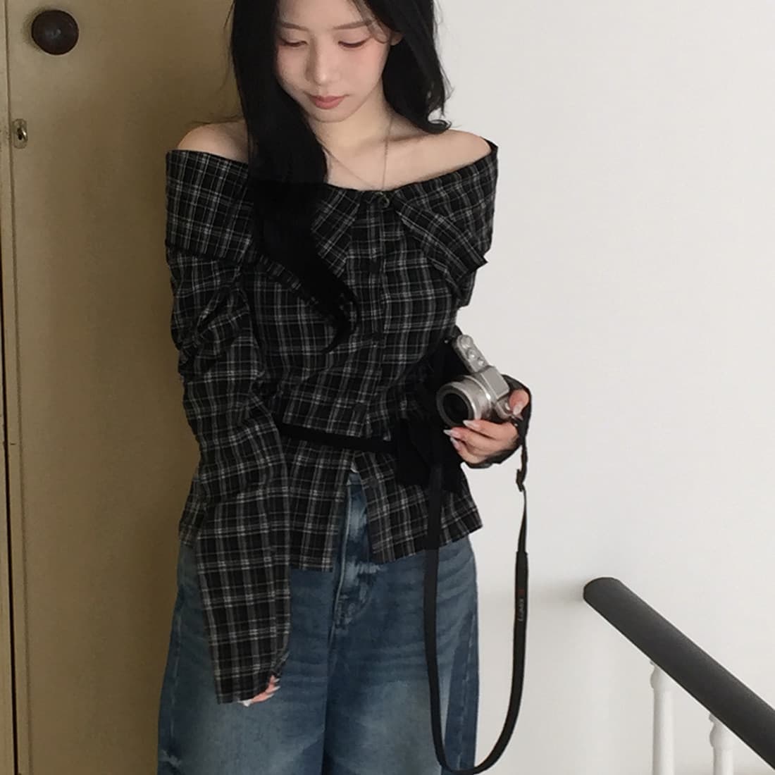 있음 선적 사이즈 업데이트 한국 chic 가을 새로운 프랑스식 보트넥 작은 대중 섹시함 슬림해 보이는 체크무늬 셔츠 상세 이미지 40