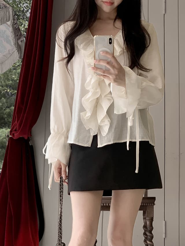 한국 chic 가을 새로운 ins 달콤함 V넥 부드러운 바람 연꽃 잎 레이스 셔츠 상세 이미지 9