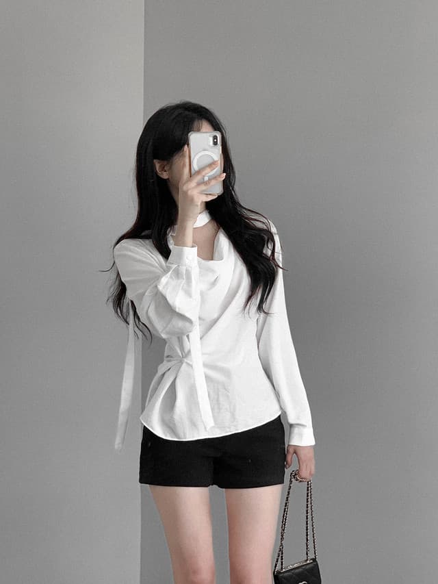 한국 chic 가을 새로운 ins 행침 목 리본 디자인 센스 측면 부서 버클 긴팔 셔츠 상세 이미지 16