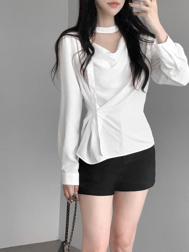 한국 chic 가을 새로운 ins 행침 목 리본 디자인 센스 측면 부서 버클 긴팔 셔츠 상세 이미지 17
