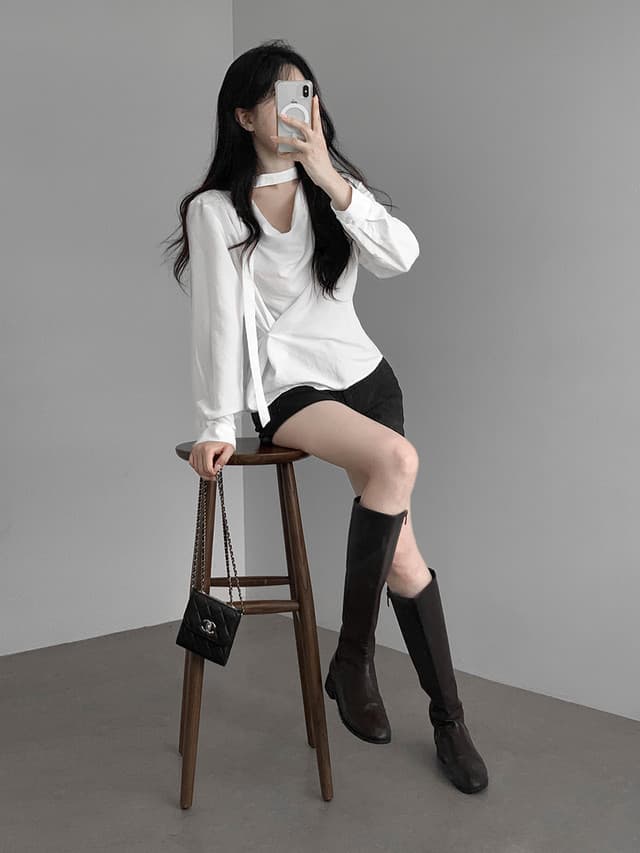 한국 chic 가을 새로운 ins 행침 목 리본 디자인 센스 측면 부서 버클 긴팔 셔츠 상세 이미지 18