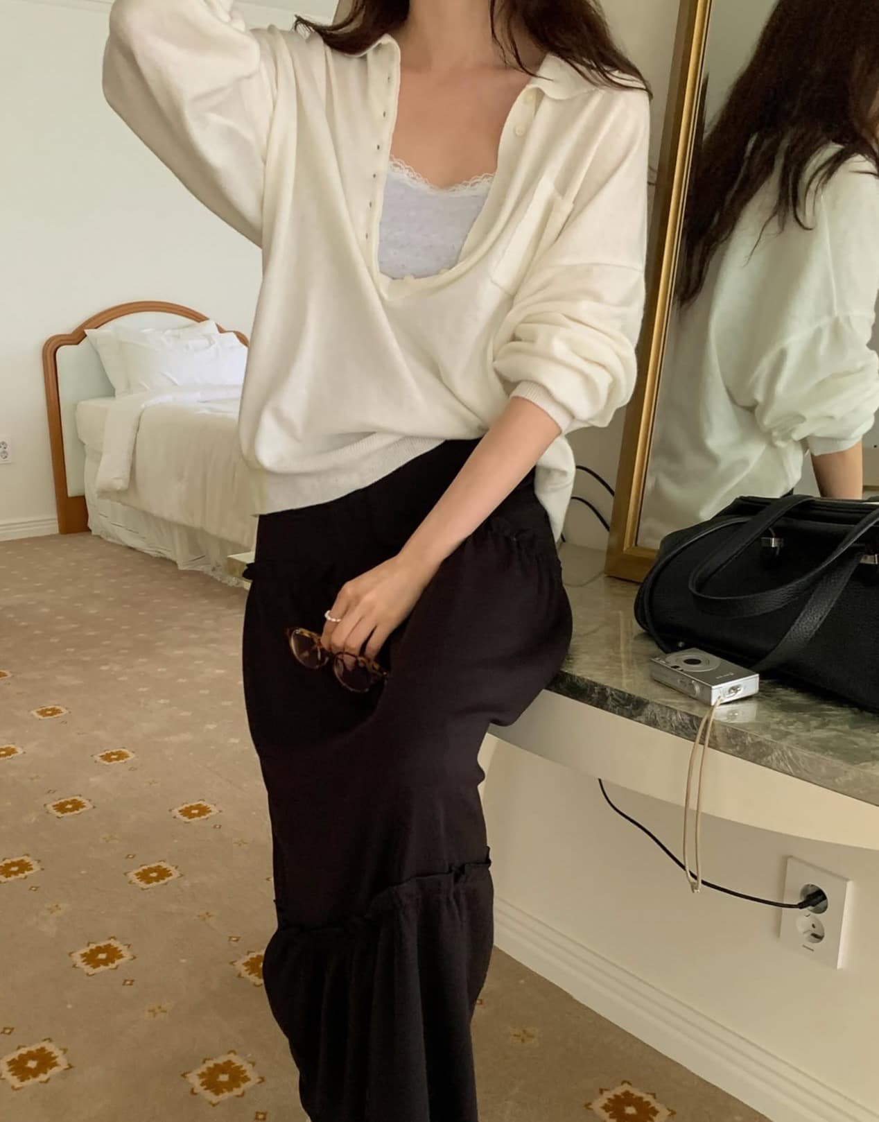 한국 chic 가을 새로운 한 부서 POLO 칼라 단색 느슨함 느긋한 센스 니트 스웨터 이미지 4