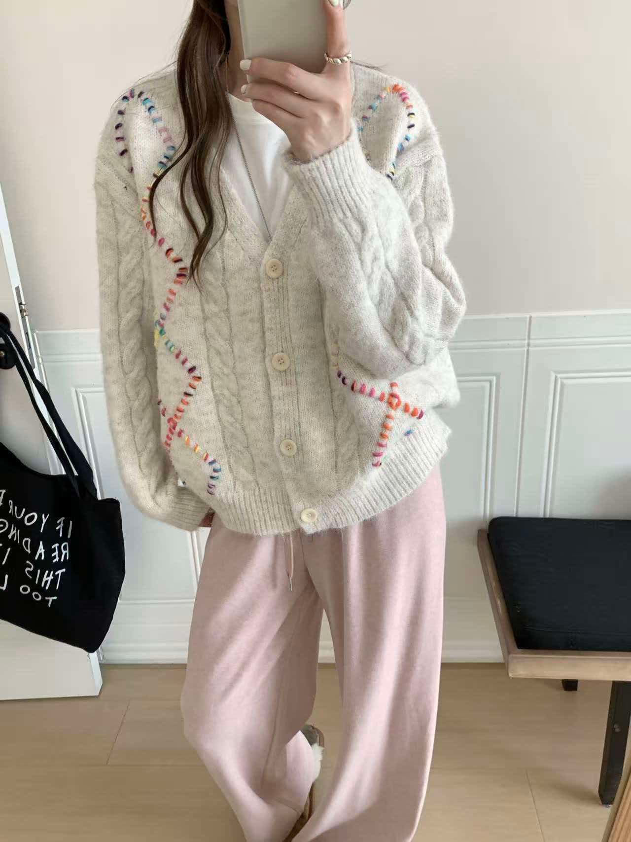 있음 선적 실사 한국 chic 가을 새로운 ins 색상 번개 느긋한 루즈핏 카디건 코트