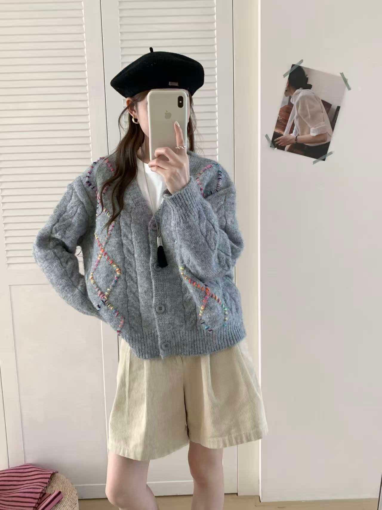 있음 선적 실사 한국 chic 가을 새로운 ins 색상 번개 느긋한 루즈핏 카디건 코트 상세 이미지 1