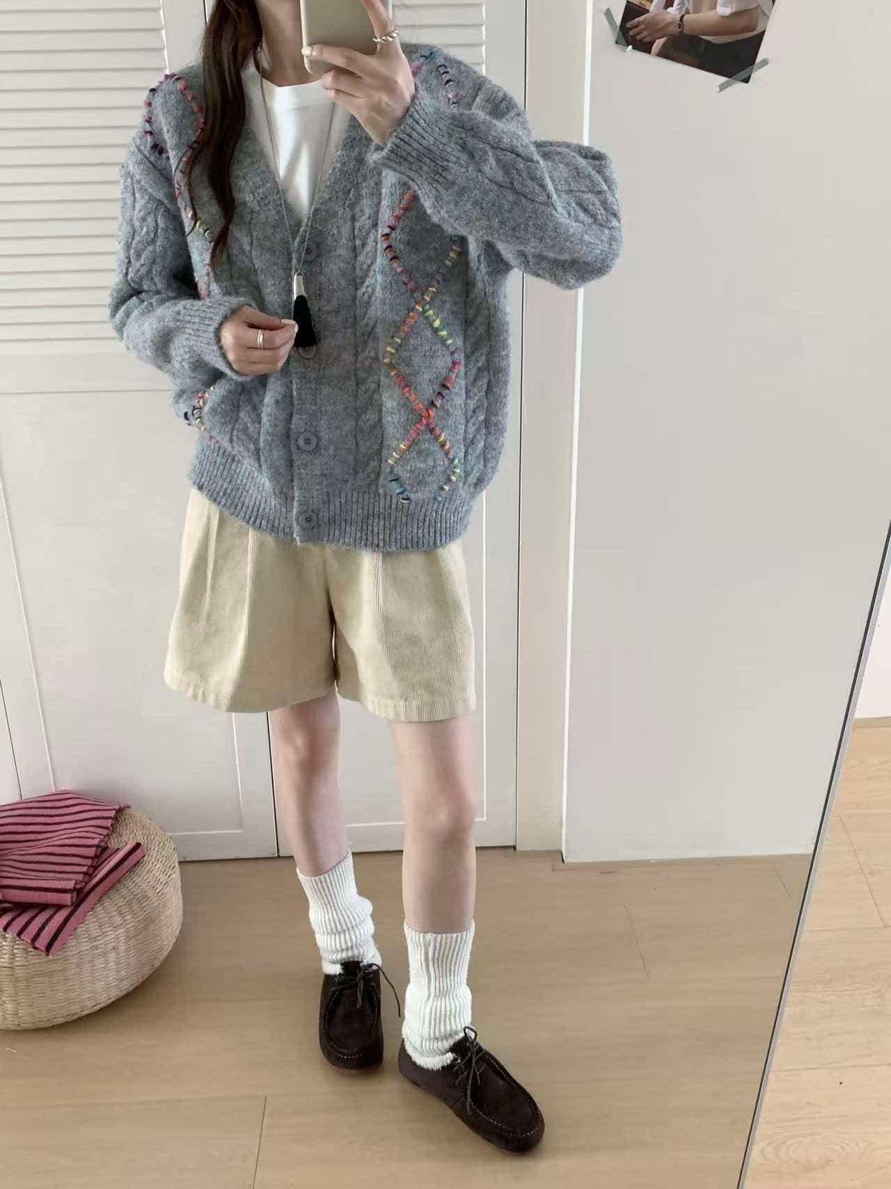있음 선적 실사 한국 chic 가을 새로운 ins 색상 번개 느긋한 루즈핏 카디건 코트 상세 이미지 2