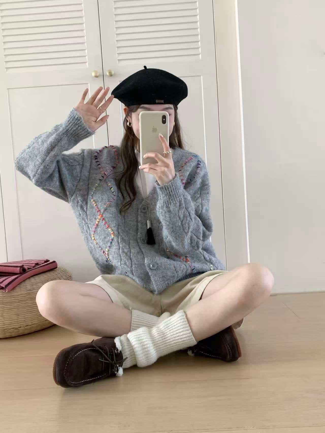 있음 선적 실사 한국 chic 가을 새로운 ins 색상 번개 느긋한 루즈핏 카디건 코트 상세 이미지 3
