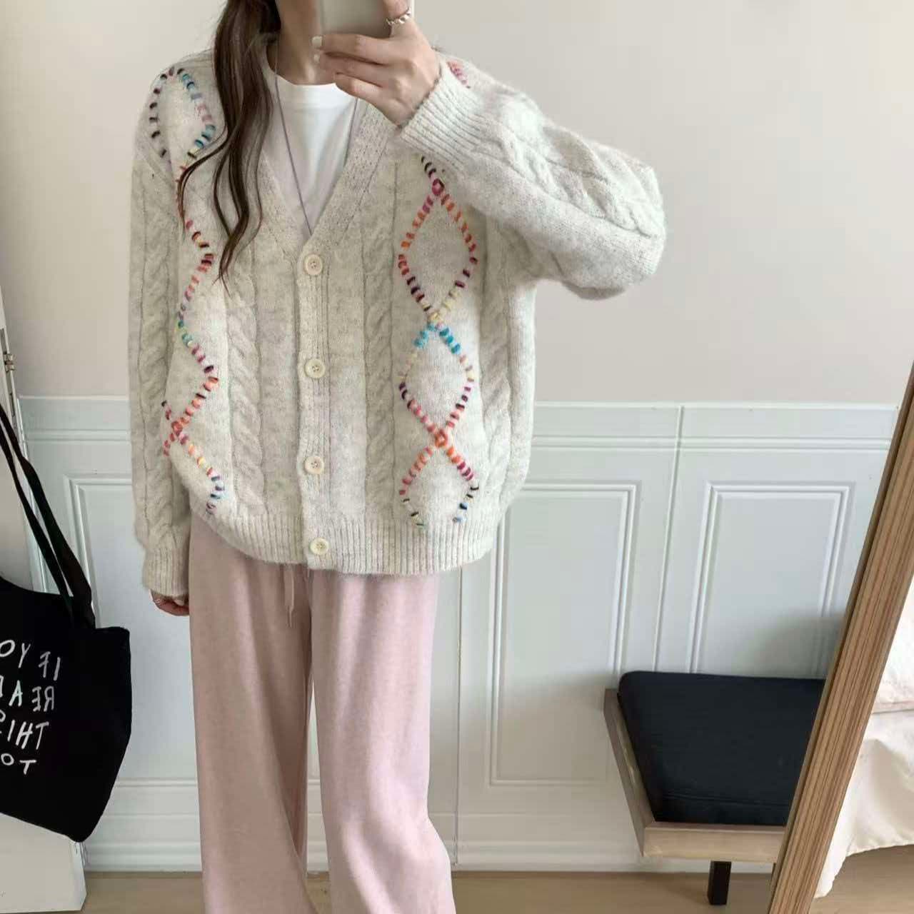 있음 선적 실사 한국 chic 가을 새로운 ins 색상 번개 느긋한 루즈핏 카디건 코트 이미지 4