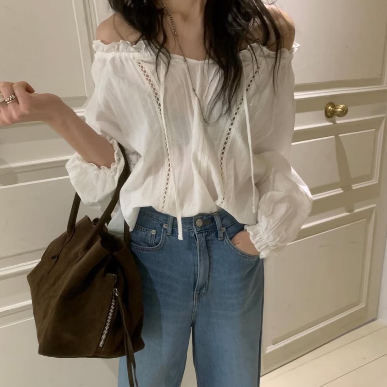 있음 선적 사이즈 업데이트 한국 chic 가을 새로운 한 부서 리본 보트넥 홀로우 아웃 긴팔 셔츠