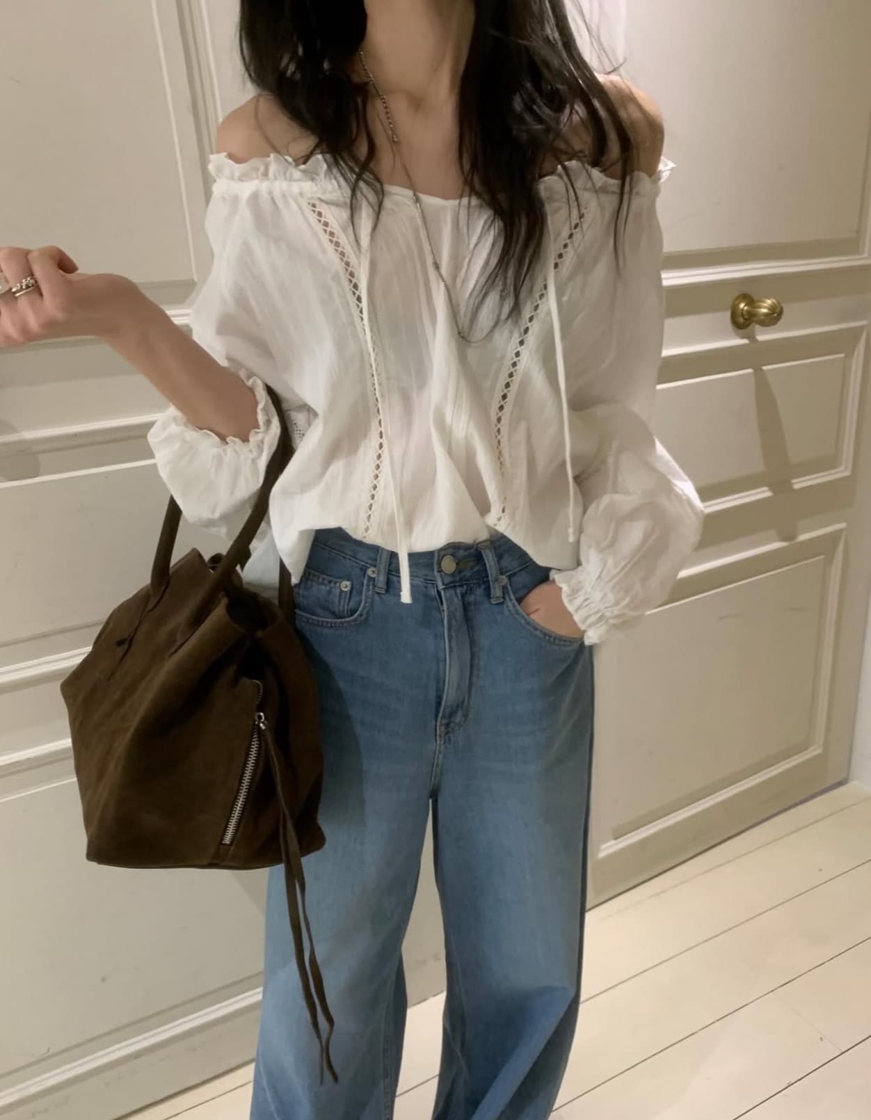 있음 선적 사이즈 업데이트 한국 chic 가을 새로운 한 부서 리본 보트넥 홀로우 아웃 긴팔 셔츠 상세 이미지 1