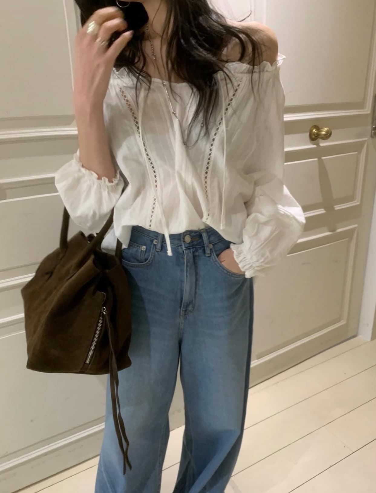 있음 선적 사이즈 업데이트 한국 chic 가을 새로운 한 부서 리본 보트넥 홀로우 아웃 긴팔 셔츠 상세 이미지 2