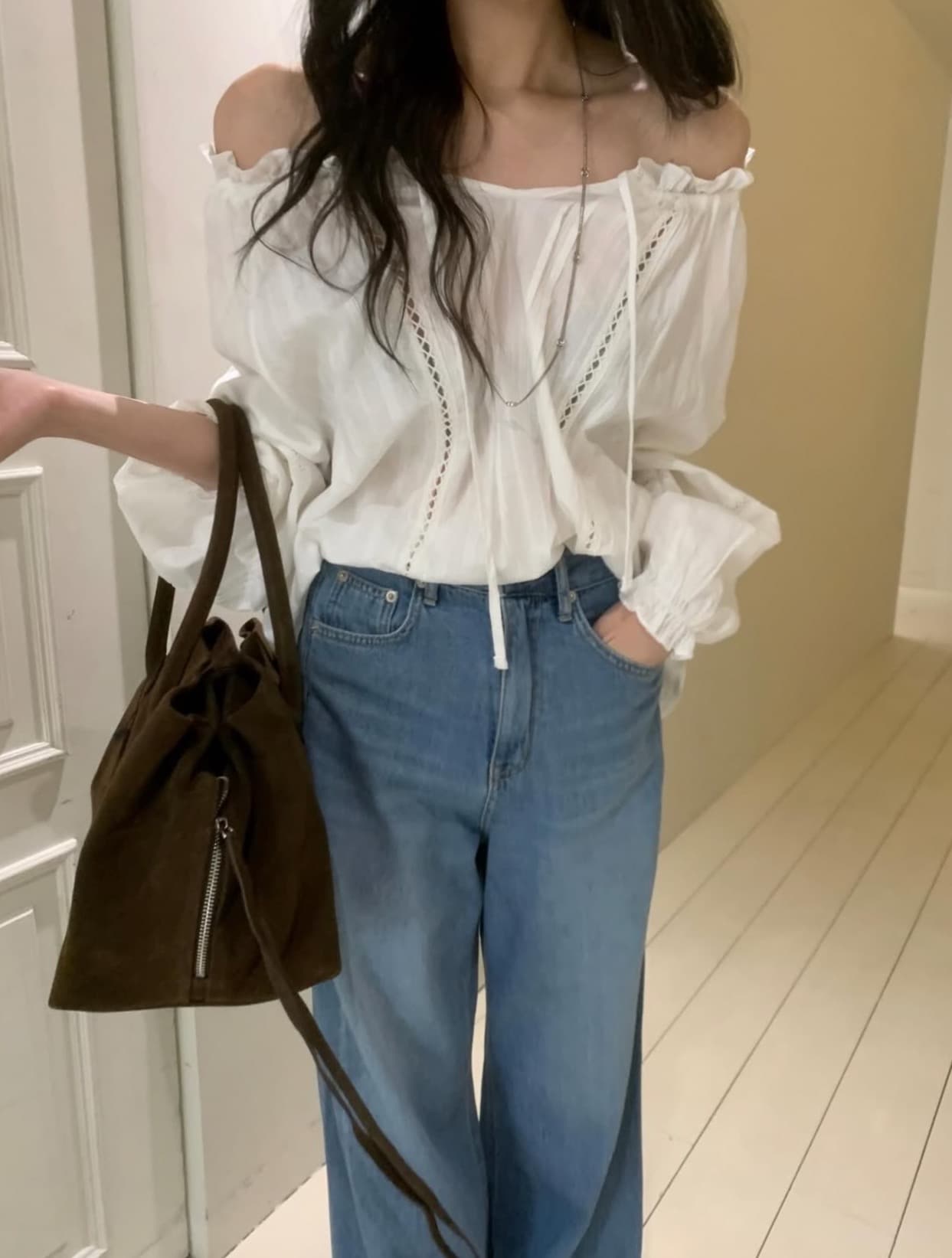 있음 선적 사이즈 업데이트 한국 chic 가을 새로운 한 부서 리본 보트넥 홀로우 아웃 긴팔 셔츠 상세 이미지 3