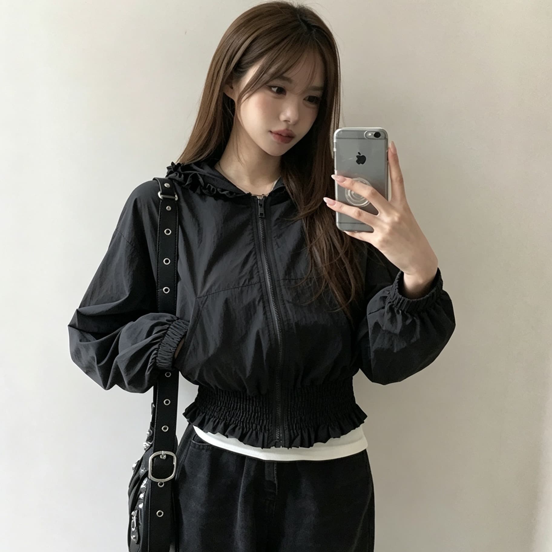 한국 chic 가을 새로운 한 부서 귀여운 목이버섯 레이스 후드 밴딩 허리 수축 짧은 외투 이미지 5