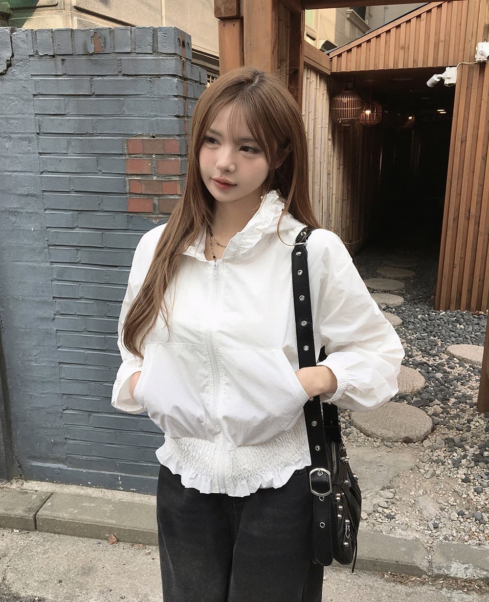 한국 chic 가을 새로운 한 부서 귀여운 목이버섯 레이스 후드 밴딩 허리 수축 짧은 외투 상세 이미지 16