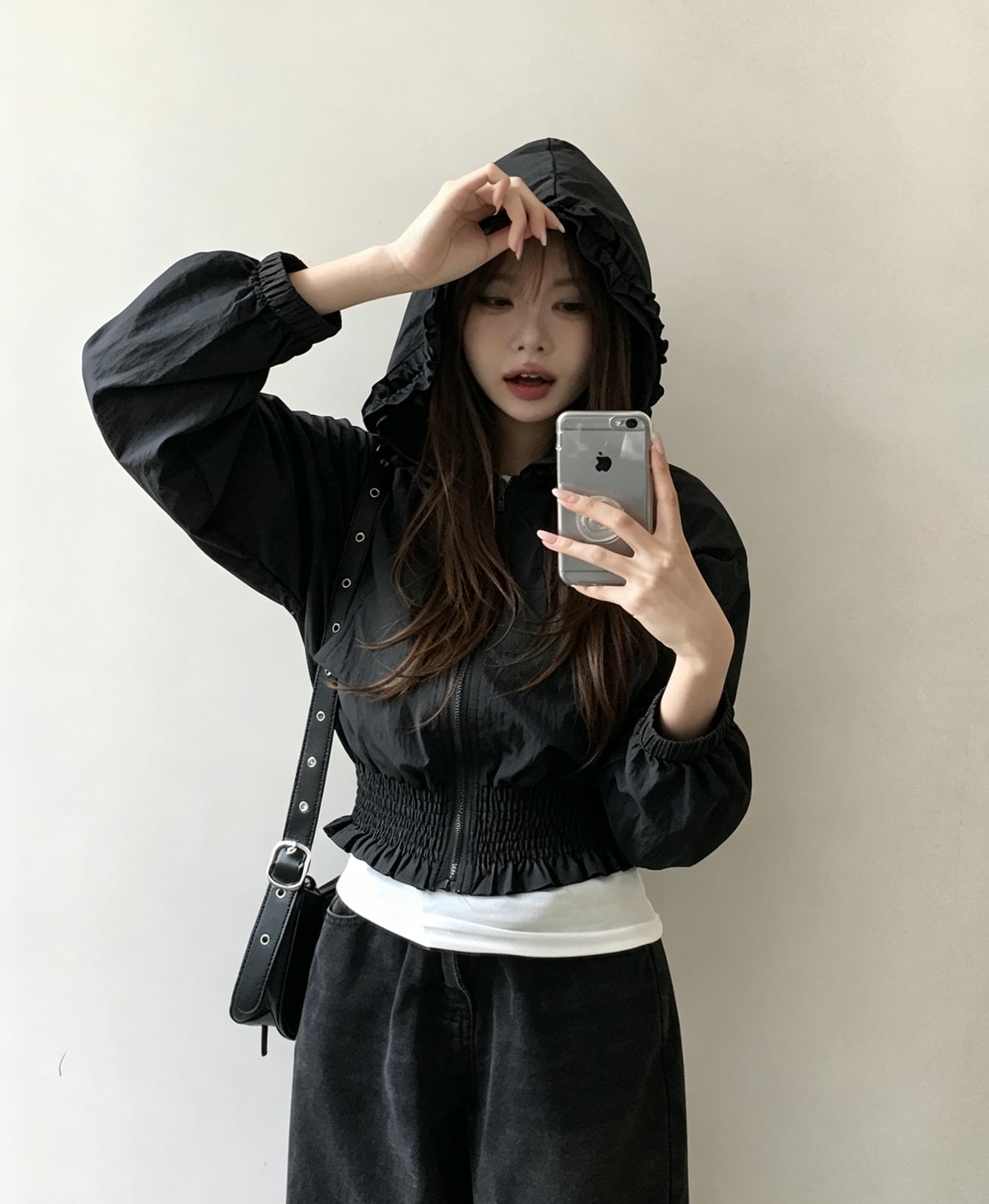 한국 chic 가을 새로운 한 부서 귀여운 목이버섯 레이스 후드 밴딩 허리 수축 짧은 외투 상세 이미지 17