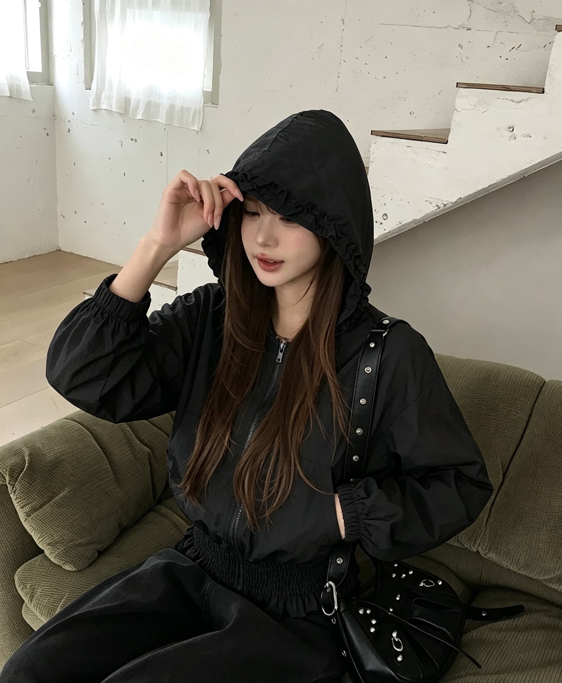 한국 chic 가을 새로운 한 부서 귀여운 목이버섯 레이스 후드 밴딩 허리 수축 짧은 외투 상세 이미지 18