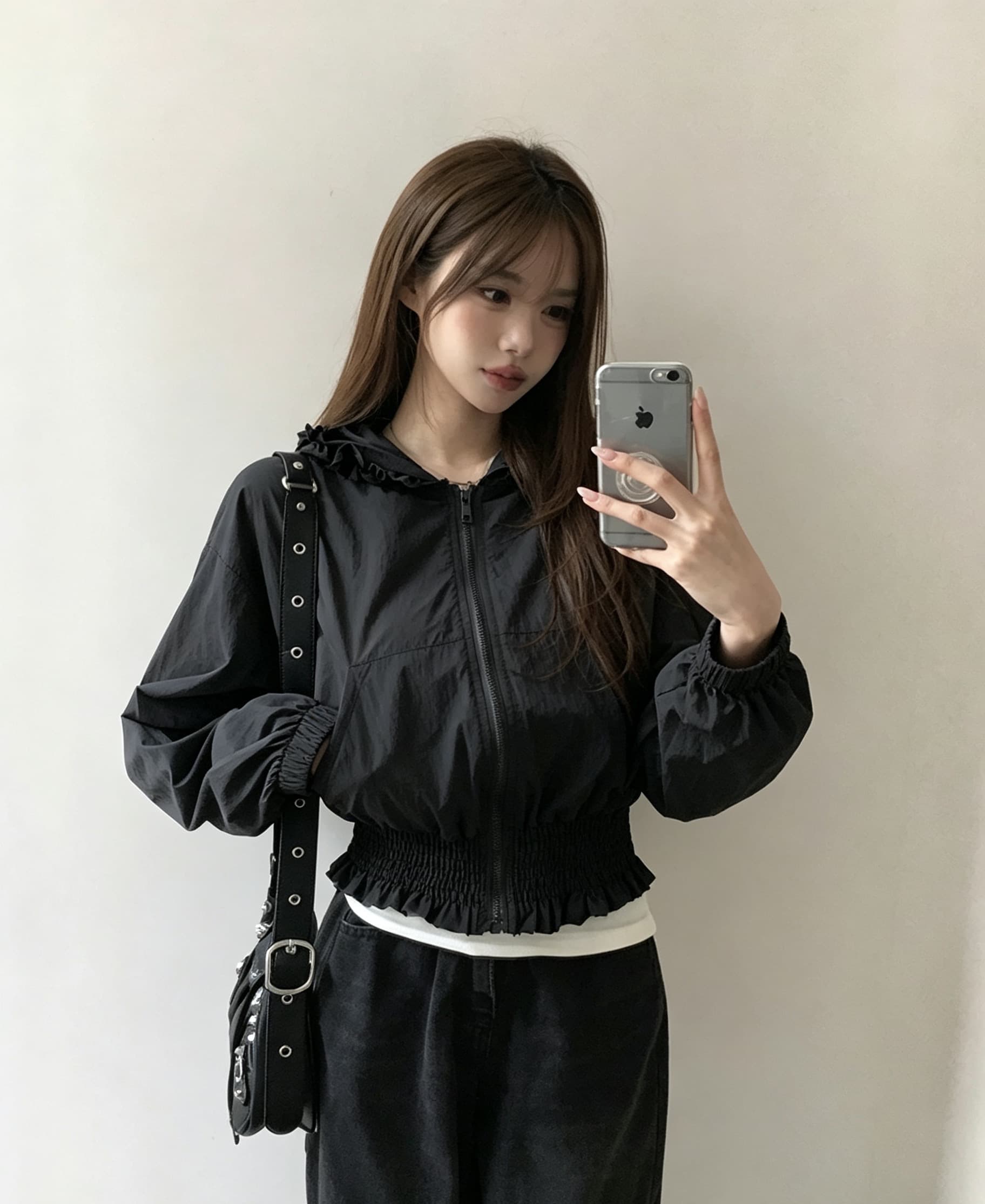 한국 chic 가을 새로운 한 부서 귀여운 목이버섯 레이스 후드 밴딩 허리 수축 짧은 외투 상세 이미지 19