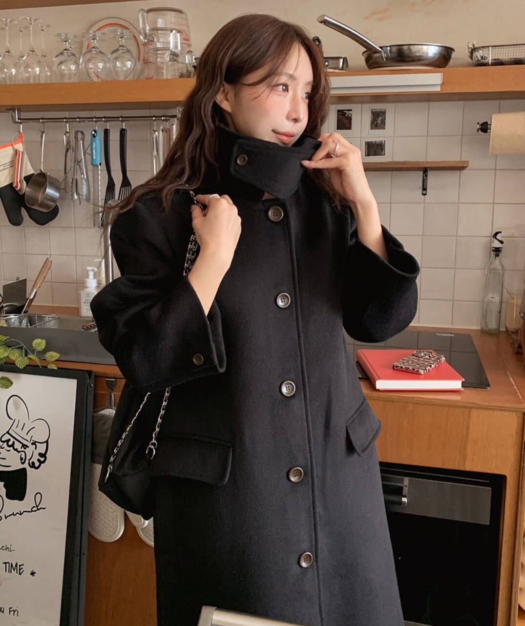 한국 chic 가을 겨울 새로운 한 부서 고급 센스 단추 슬림해 보이는 두꺼운 중간 길이 재킷
