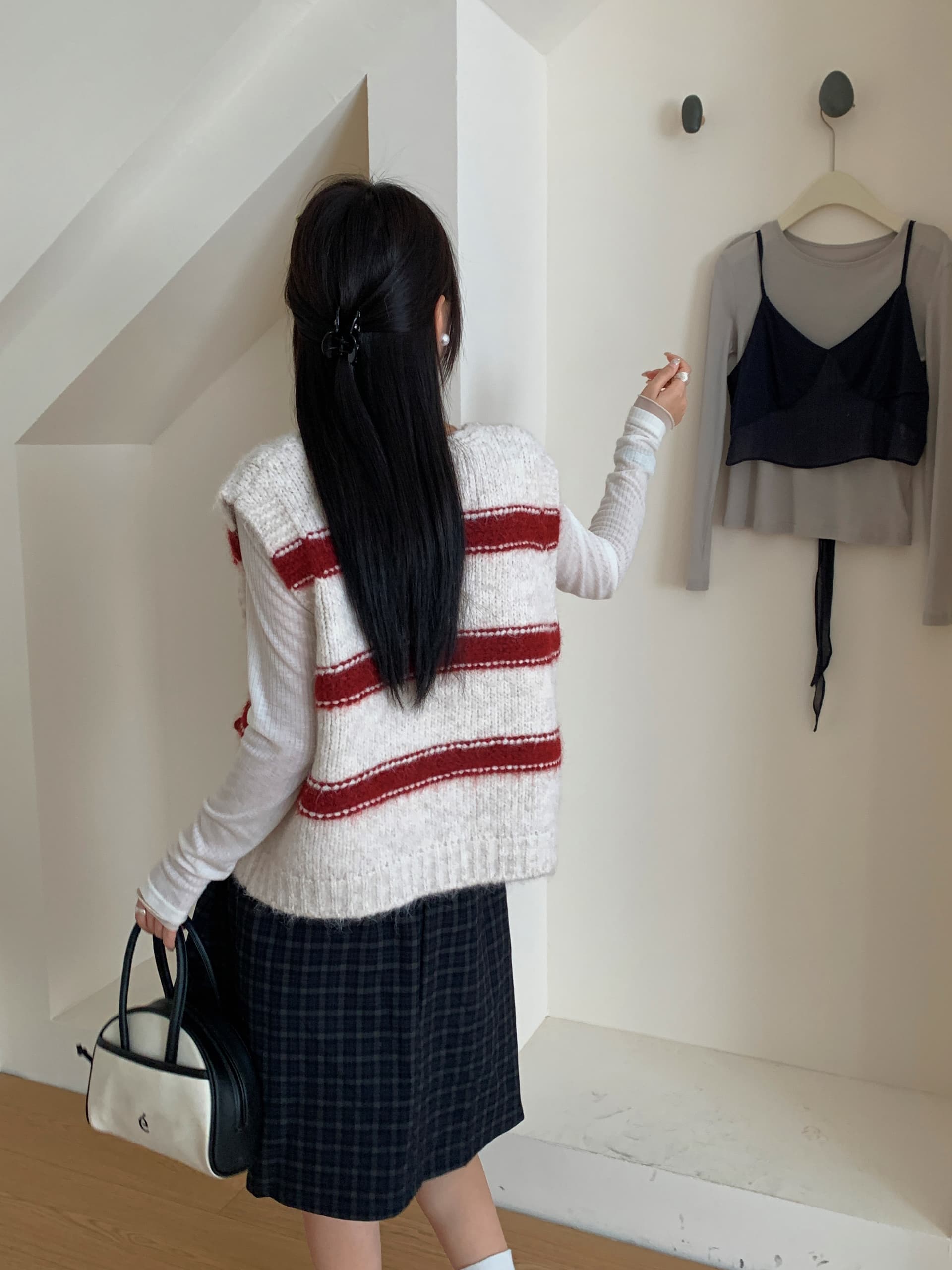 있음 선적 실사 한국 chic 가을 새로운 더블 색상 스트라이프 베스트 스웨터 오픈 가디건 상세 이미지 3
