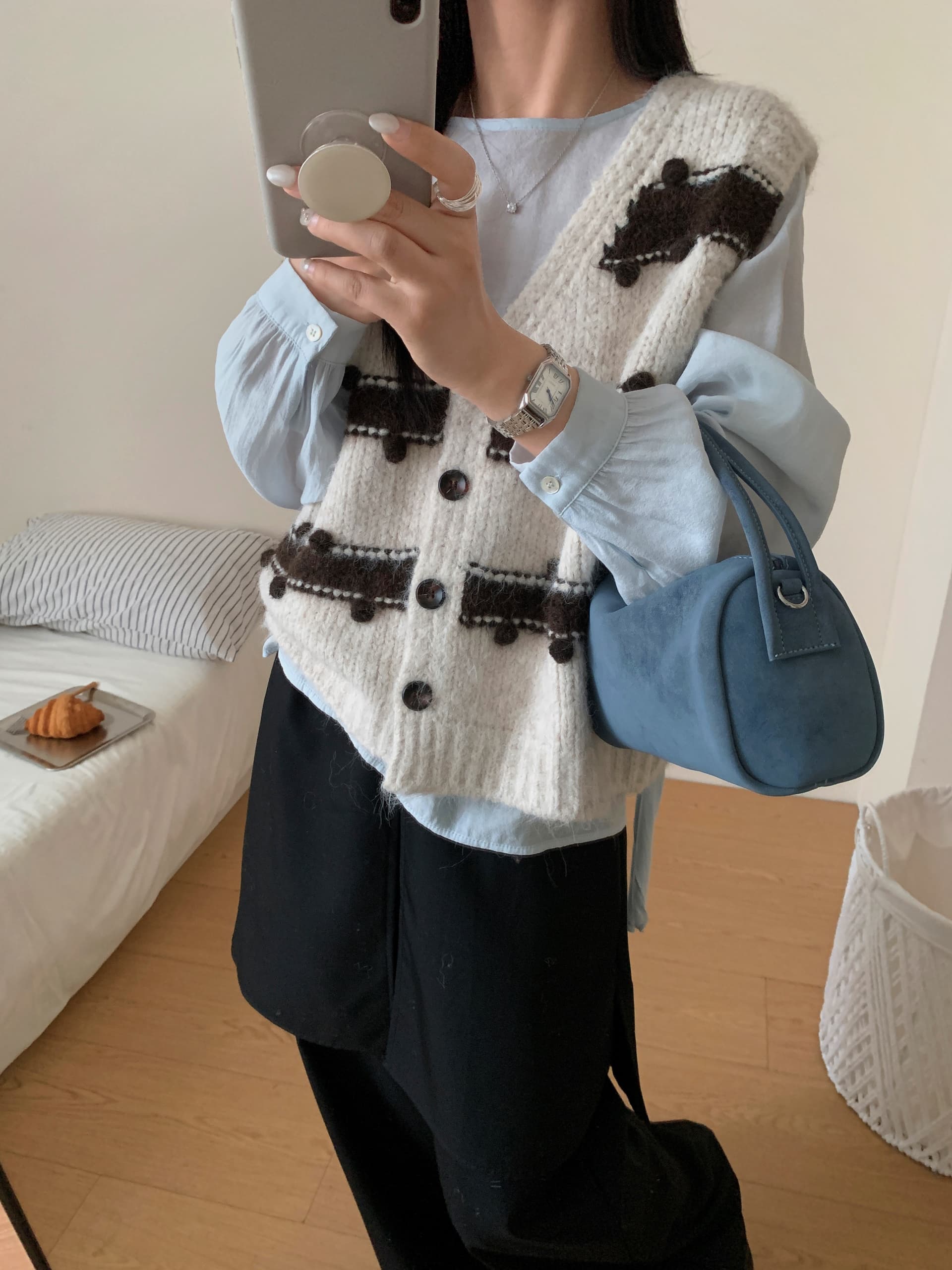 있음 선적 실사 한국 chic 가을 새로운 더블 색상 스트라이프 베스트 스웨터 오픈 가디건 상세 이미지 6